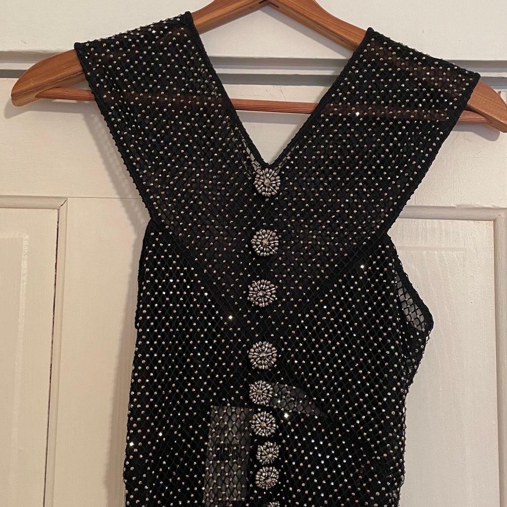 New Self Portrait Black Rhinestone Fishnet Crossover Midi Dress size US 4 - Picture 6 of 17